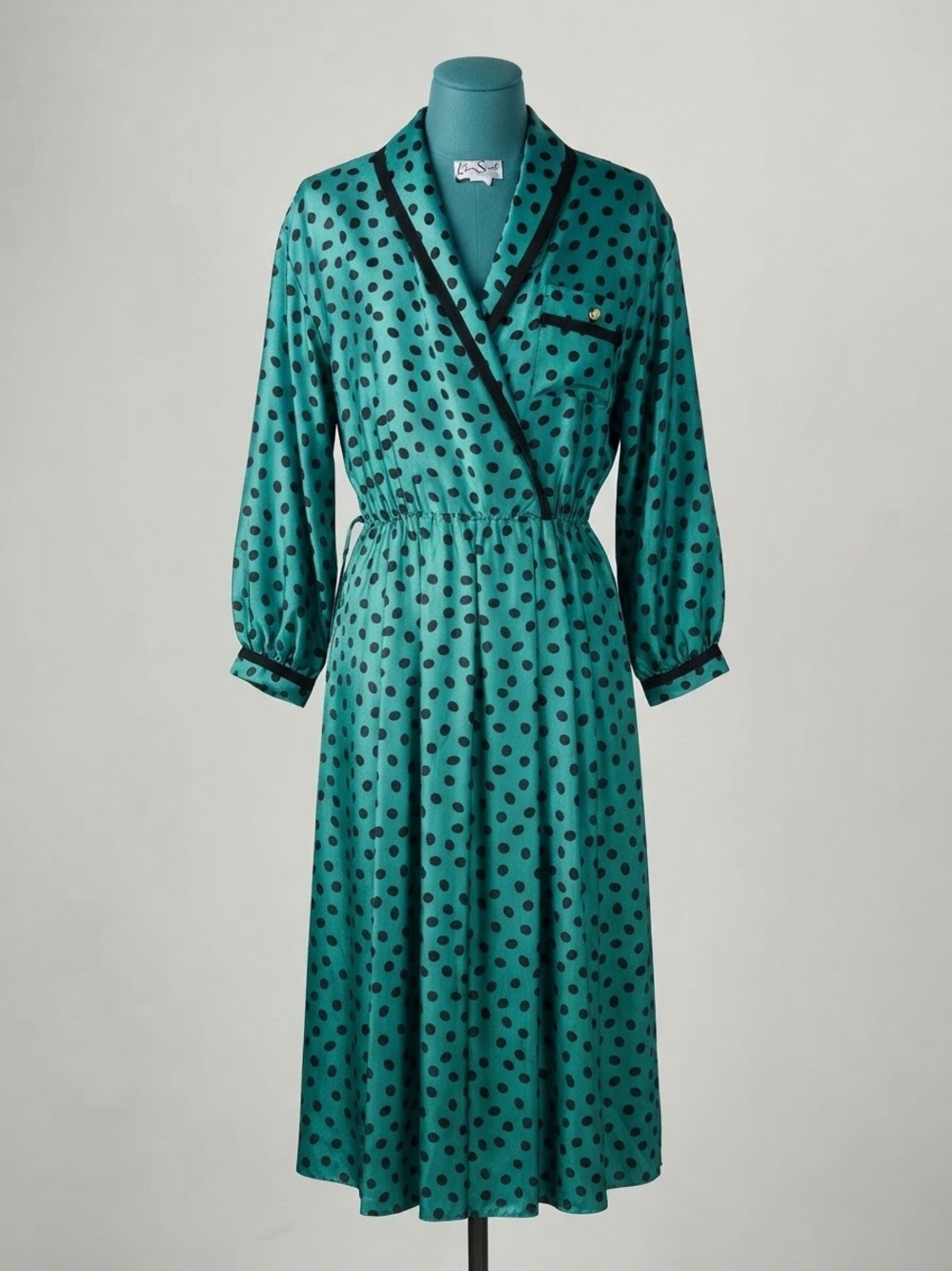 Teal Polka Dot Wrap-Style Midi Dress with Contrast Trim